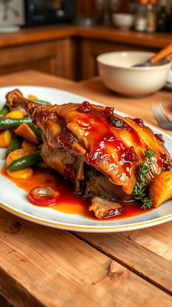 A plate of crispy duck confit with roasted vegetables and thyme, set on a rustic table.